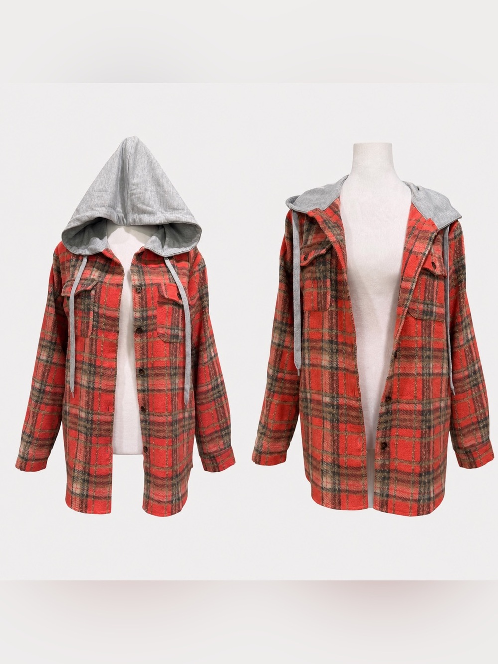 Coco + Carmen Womens S/M Coral Peach Plaid Hooded Shacket Jacket Top Cabin Fall